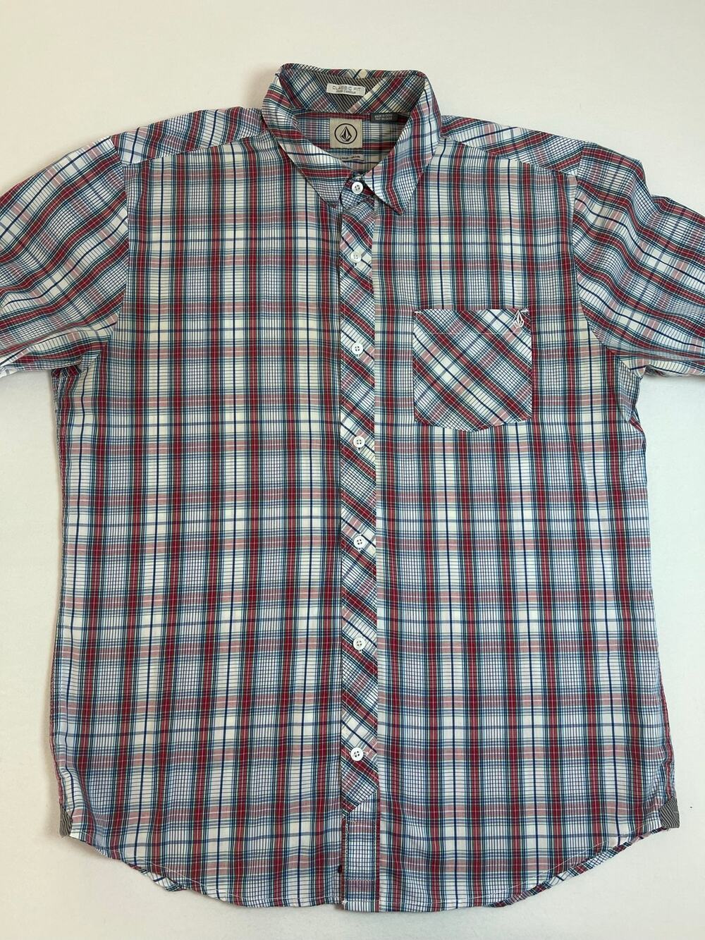 Volcom Mens L Plaid Button Up Shirt Red Blue Green Classic Fit Skate Y2K